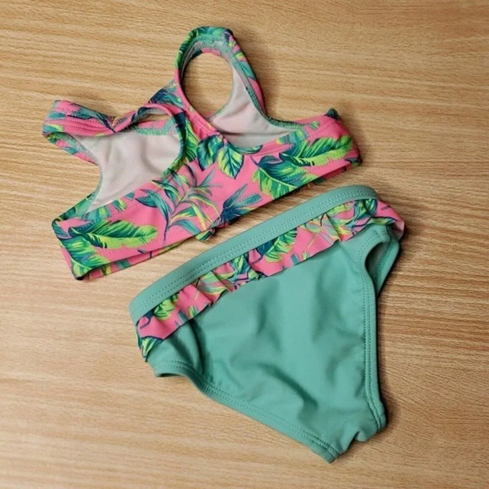 Wonder Nation Toddler Girl's Green Pink Tropical Bikini 18 Months